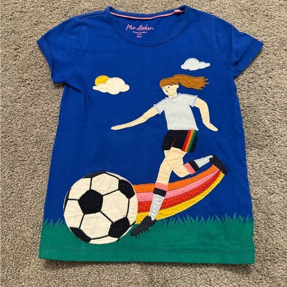 Mini Boden Blue Soccer Rainbow Appliqué Shirt Sz 6-7 - Picture 1 of 4
